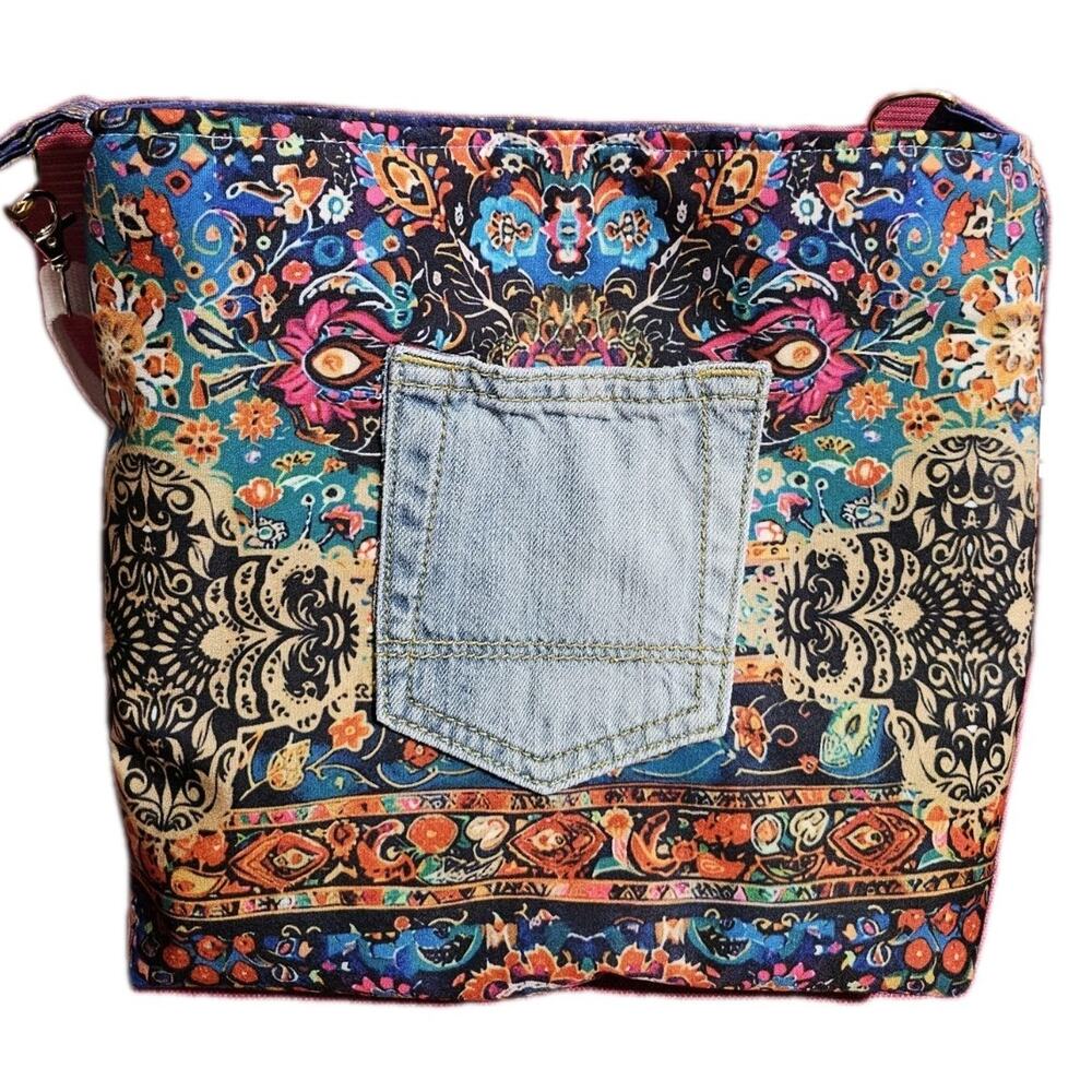 Handmade Upcycled Crossbody Bag Colorful Print Denim With Strap